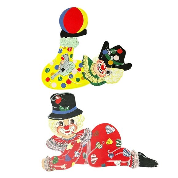 Vintage Hand Crafted Set of 2 Wood Cut Out Clown Wall Decor MCM Collectible - Picture 1 of 16